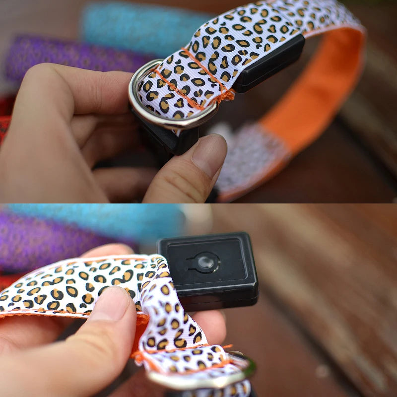Leopard LED Dog Collar Luminous Adjustable Glowing Collar for Dogs Pet Night Safety Nylon Collar Luminous LED Bright Dog Collar